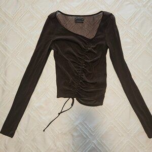 Urban Outfitters Brown Sheer Mesh Ruched Long Sleeve Top - Size M